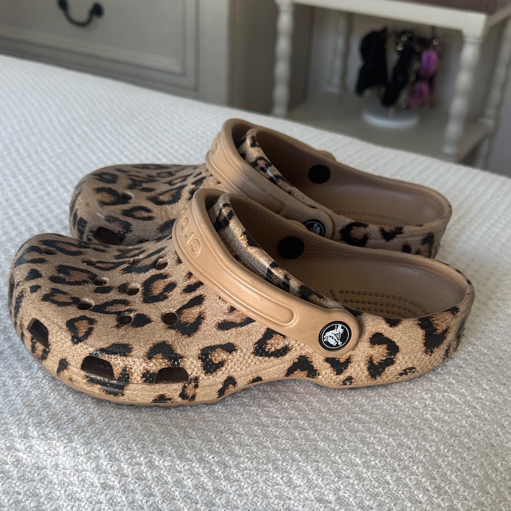 CROCS Tan Leopard Print Clogs